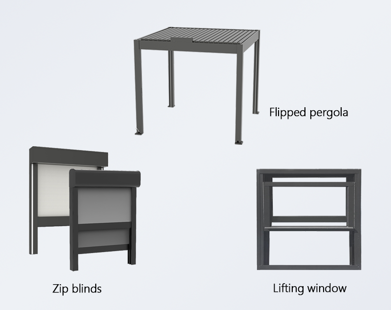 zip blinds, pergola, lifting window