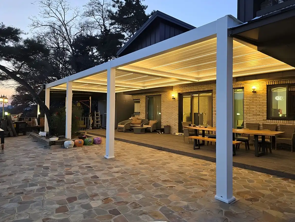white pergola with roof