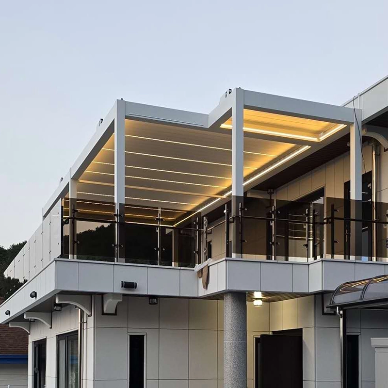 Custom-shaped aluminum pergola designed to fit unique patio and garden layouts with a modern louvered roof