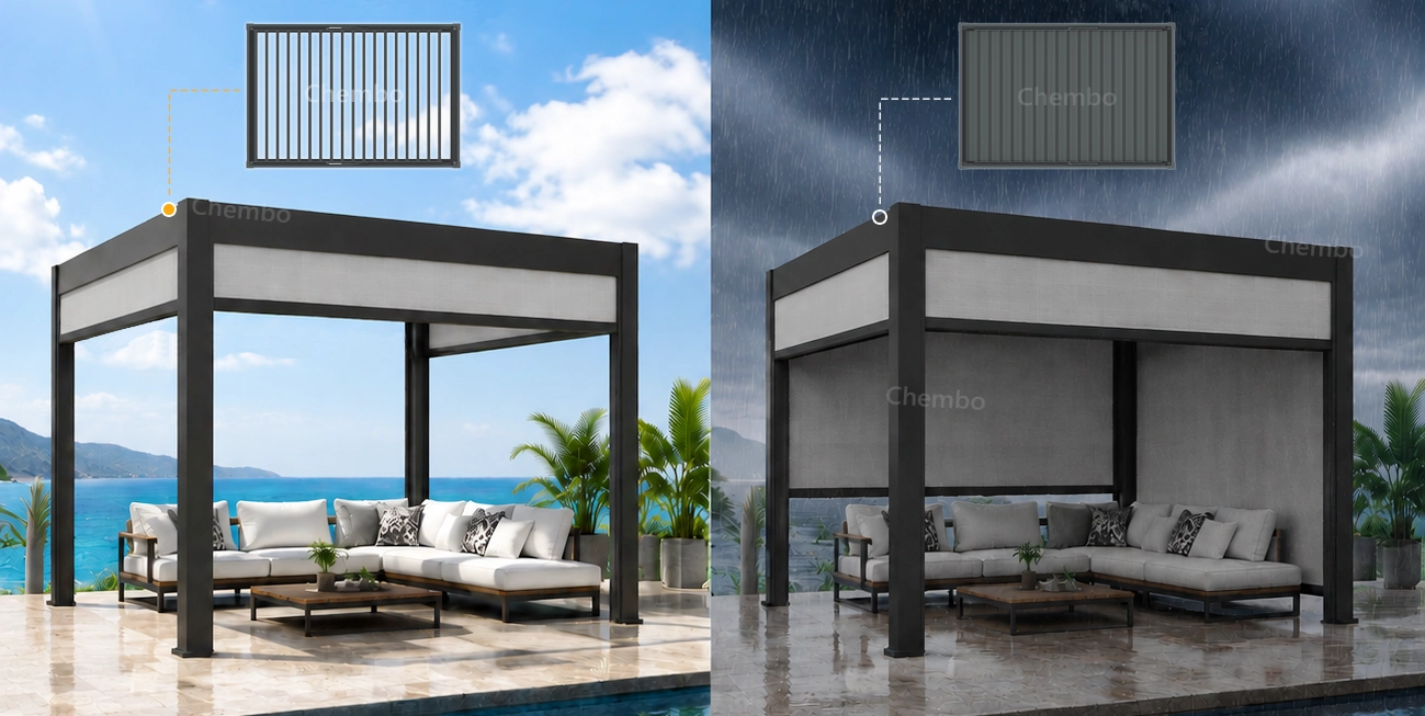 Pergola louver open & closed Adjustable louver roof for outdoor pergola, open and closed state